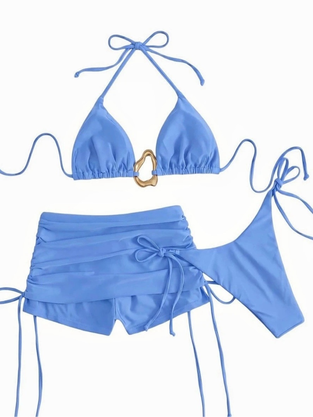 QJQ 3-Piece Light Blue Triangle String Bikini Set With Ring Detail Size Small